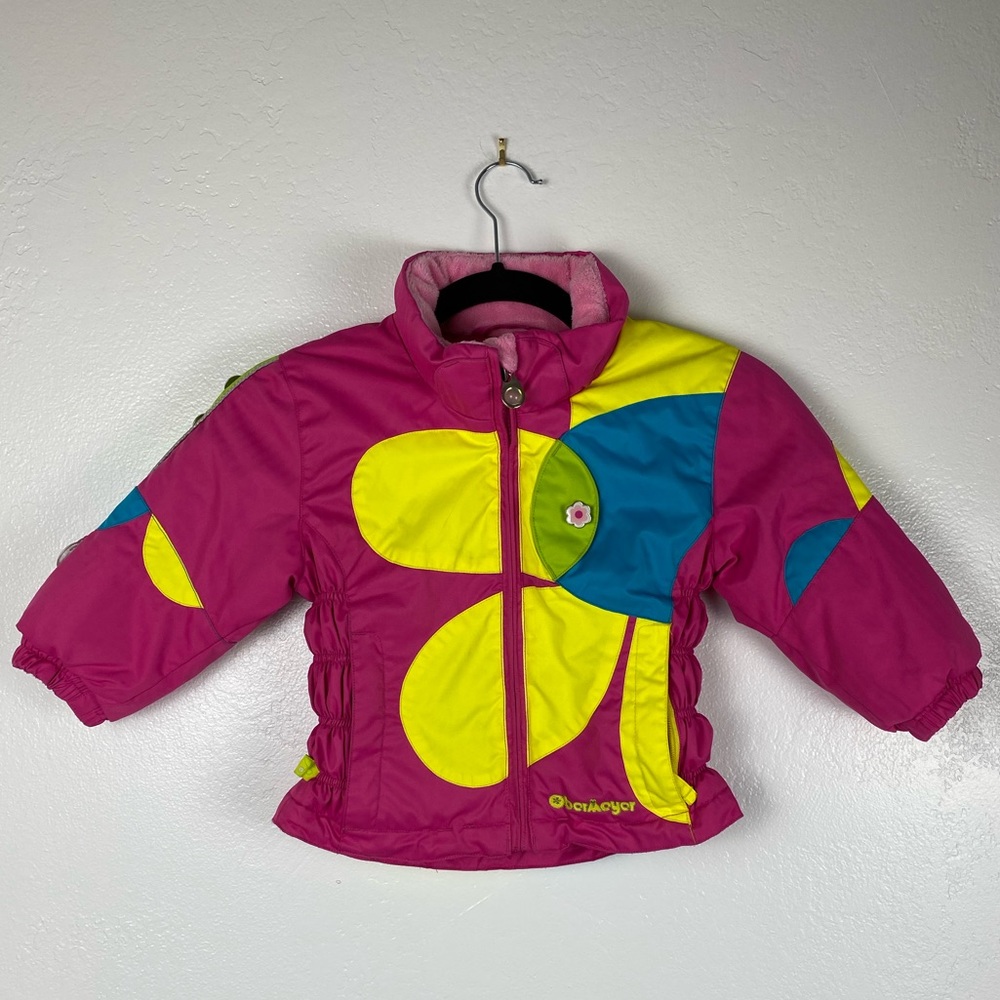 Obermeyer Full Zip Puffer Pink Yellow Floral Fun Bright Jacket Coat Girls kids 2